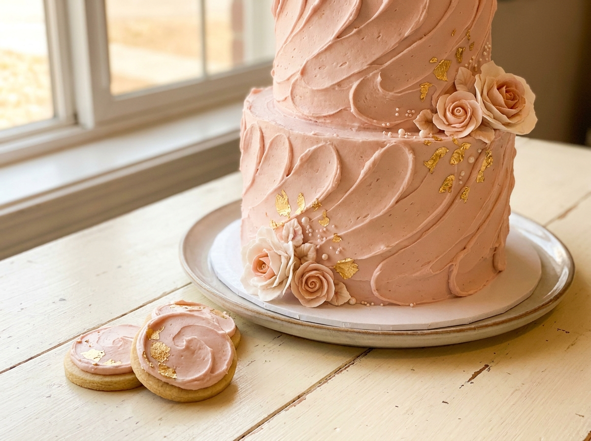 A decorated custom cake and cookies